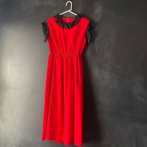 True vintage handmade, red and black midi lace dress.